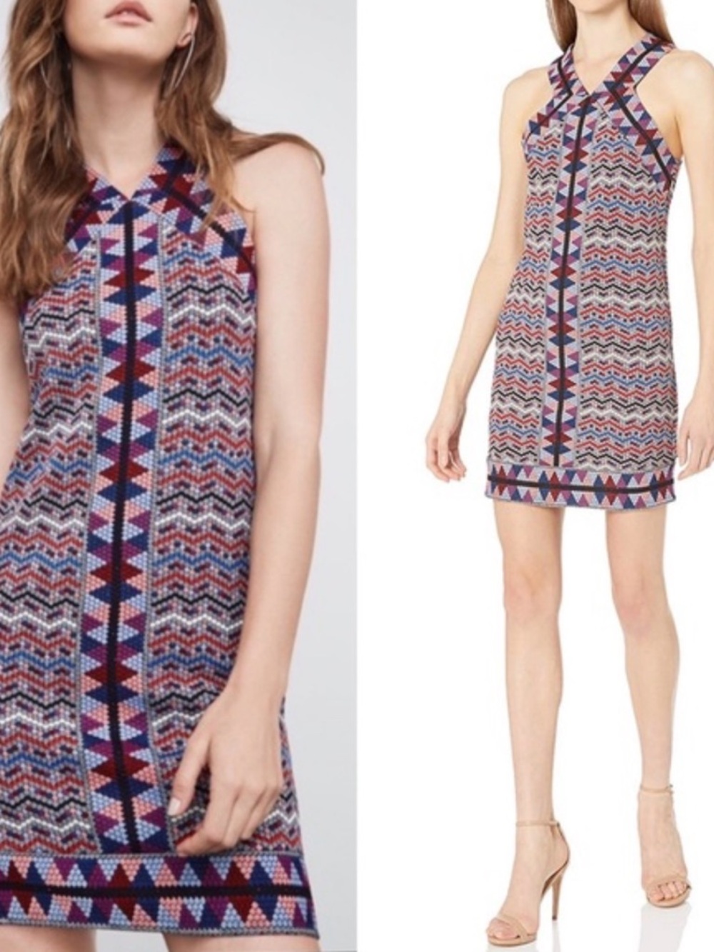 BCBGMaxAzria Multi-Color Geometric Tess Jaquard Halter Mini Dress- XS